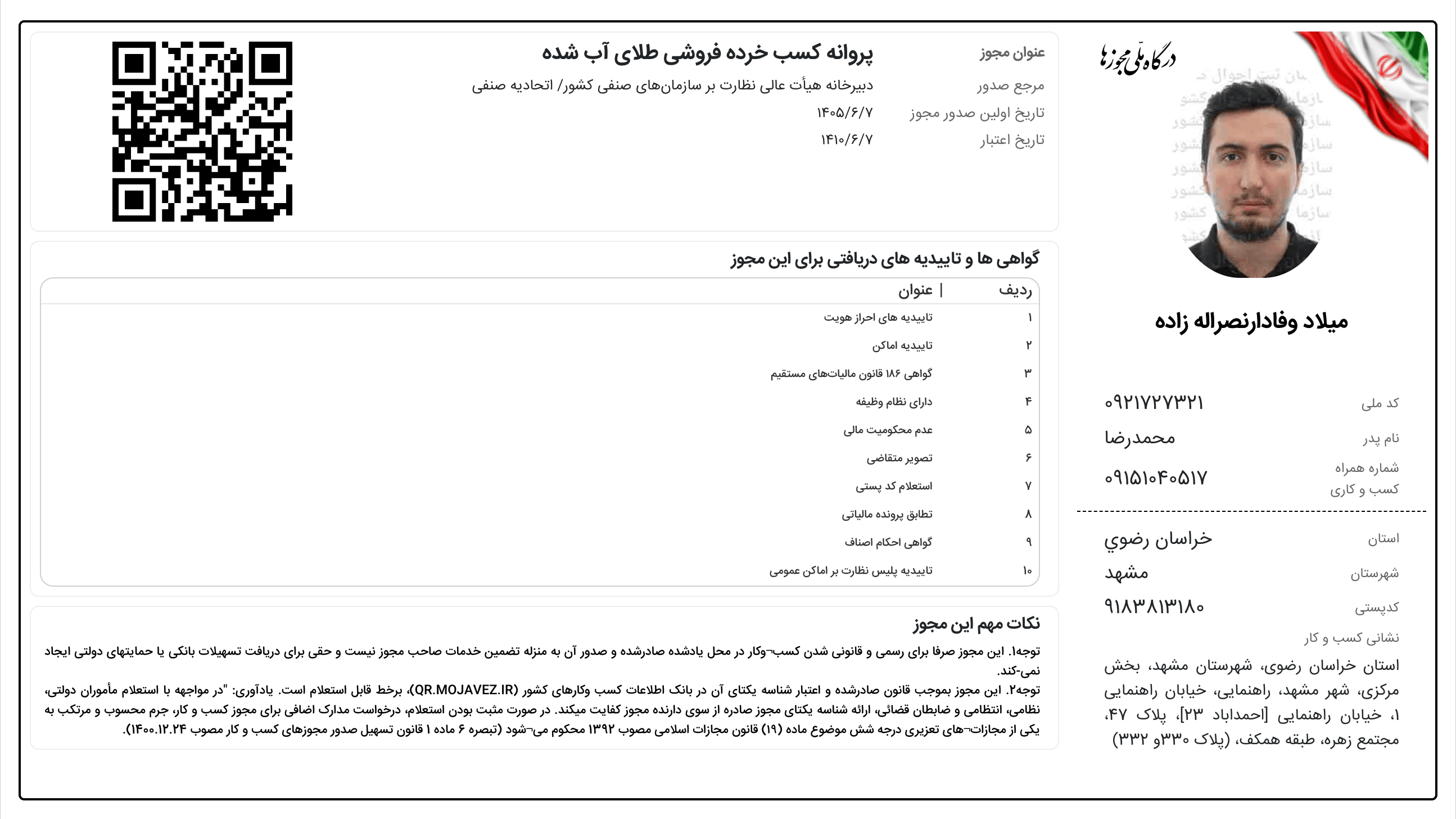 پروانه کسب خردهفروشی طلای آبشده